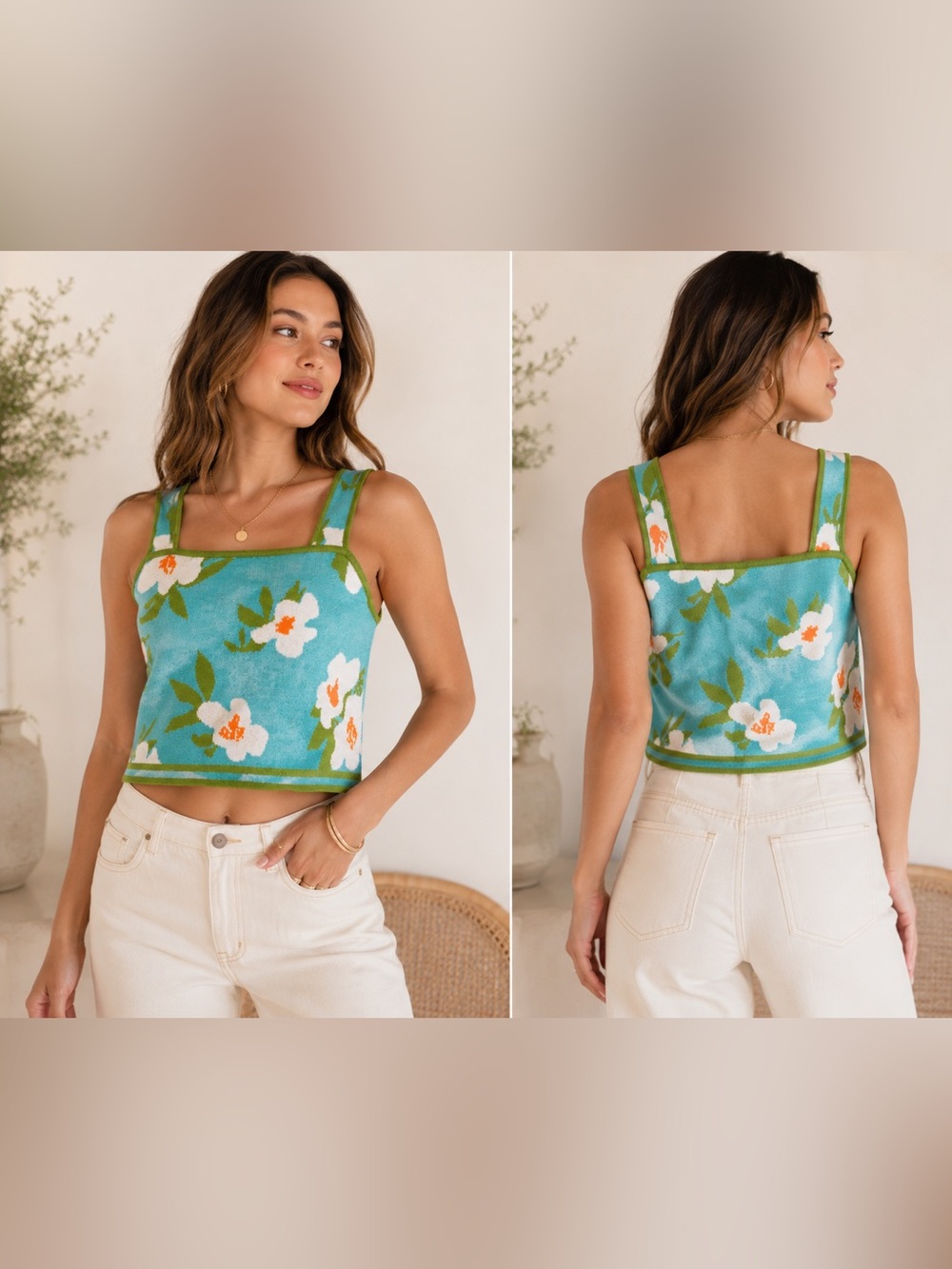 Sage & Oak Floral Knit Crop Tank Aqua Blue Cottagecore Coastal Size Large NWT